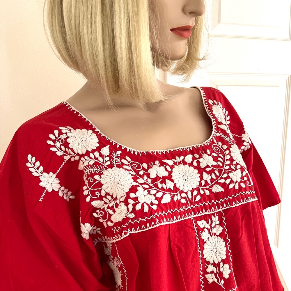 Vintage Mexican Hand Embroidered Caftan Cherry Red Dress White 100% Cotton M